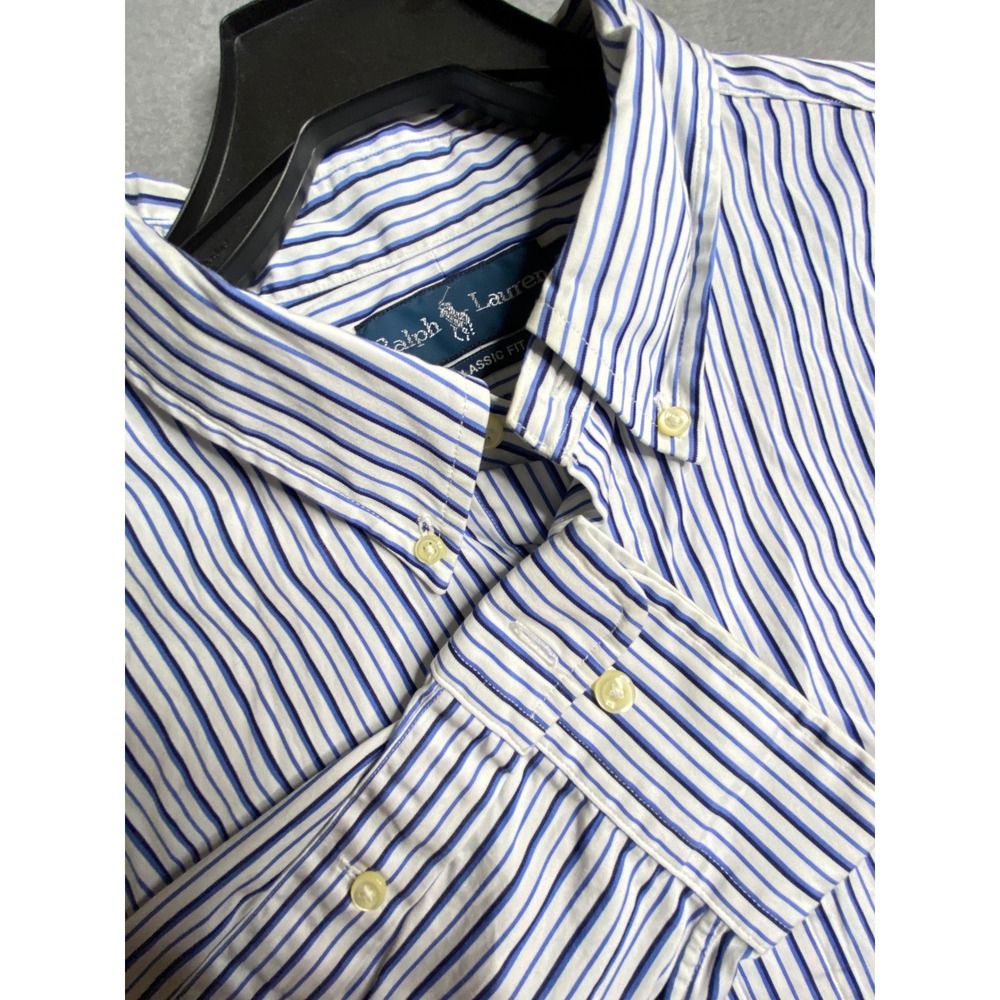 Ralph Lauren‎ Classic Fit Blue White Stripe Button Down Shirt Size 16 1/2 34/35